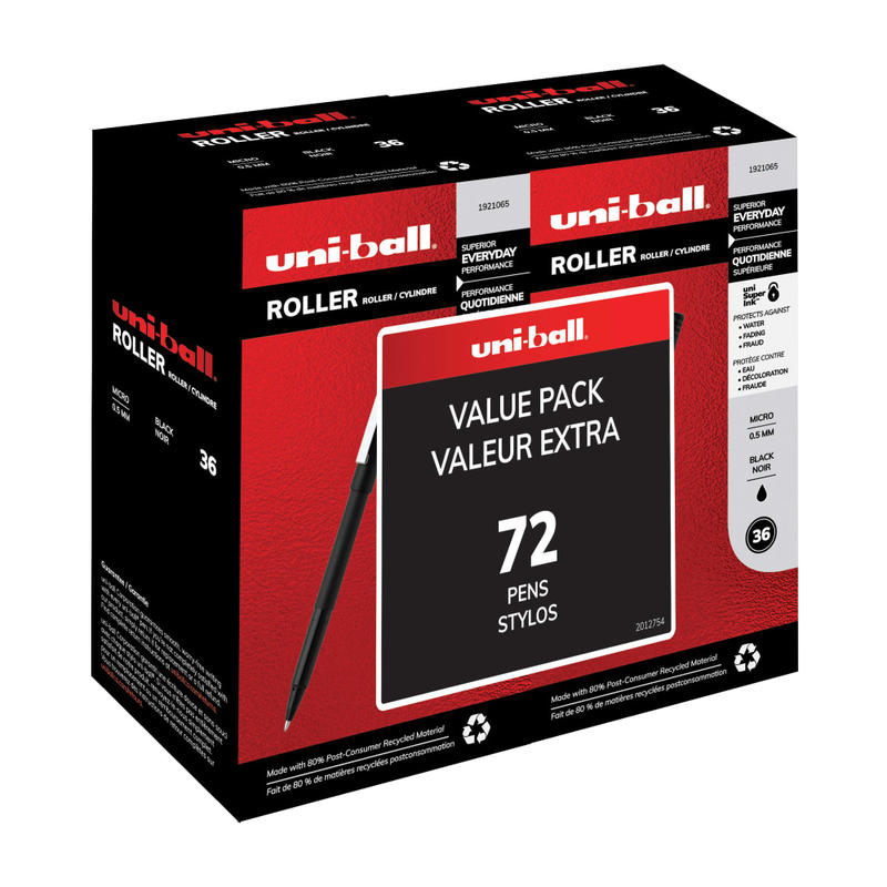 uni-ball Roller Pens, Micro Point, 0.5mm, Black Barrel, Black Ink, Pack Of 72 MPN:2013565