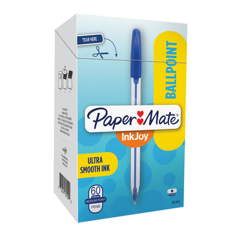 Paper Mate InkJoy 50ST Stick Ballpoint Pens, Medium Point, 1.0 mm, Clear Barrels, Blue Ink, Box of 60 (Min Order Qty 14) MPN:2014534