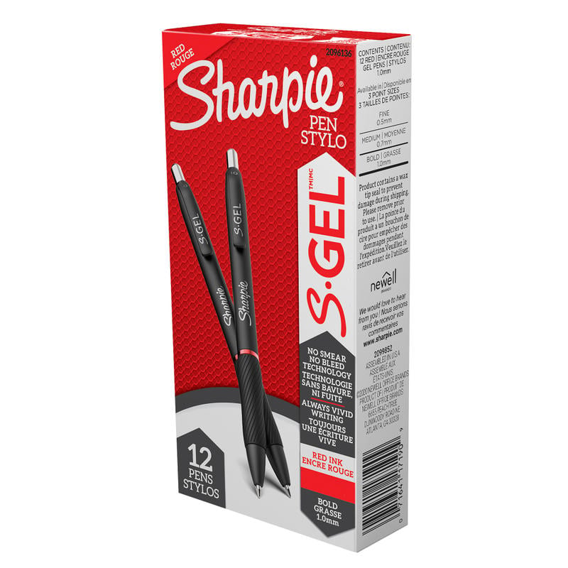 Sharpie S Gel Pens, Bold Point, 1.0 mm, Black/Red Barrel, Red Ink, Pack Of 12 Pens (Min Order Qty 4) MPN:2096136