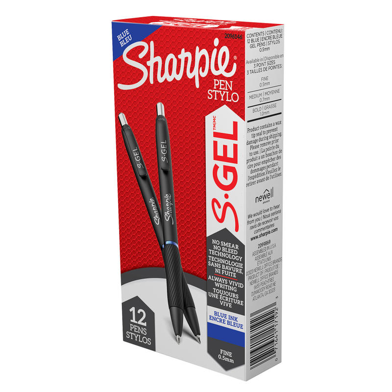 Sharpie S Gel Pens, Fine Point, 0.5 mm, Black/Blue Barrel, Blue Ink, Pack Of 12 Pens (Min Order Qty 5) MPN:2096146