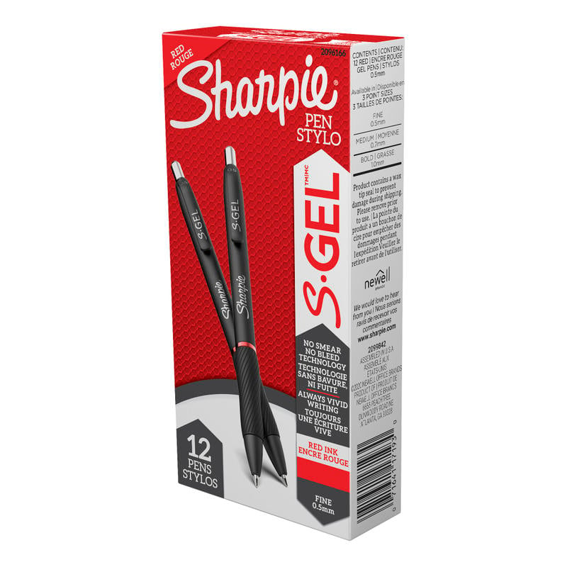 Sharpie S Gel Pens, Fine Point, 0.5 mm, Black/Red Barrel, Red Ink, Pack Of 12 Pens (Min Order Qty 4) MPN:2096166