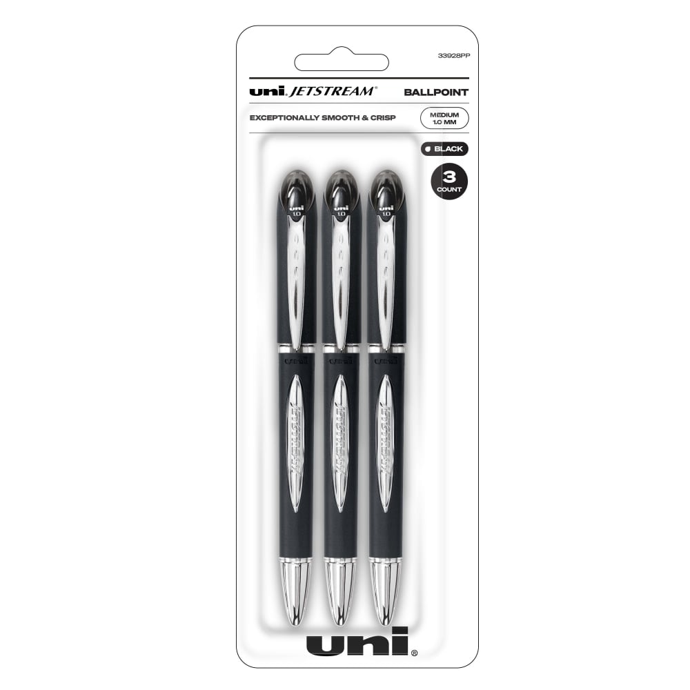 uni-ball JetStream Ballpoint Pens, Bold Point, 1.0 mm, Black Barrel, Black Ink, Pack Of 3 (Min Order Qty 12) MPN:33928