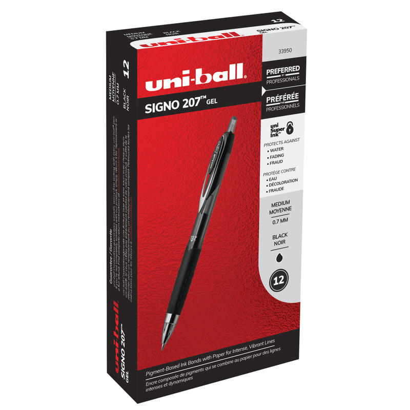 uni-ball 207 Retractable Fraud Prevention Gel Pens, Medium Point, 0.7 mm, Black Barrels, Black Ink, Pack Of 12 Pens (Min Order Qty 5) MPN:33950