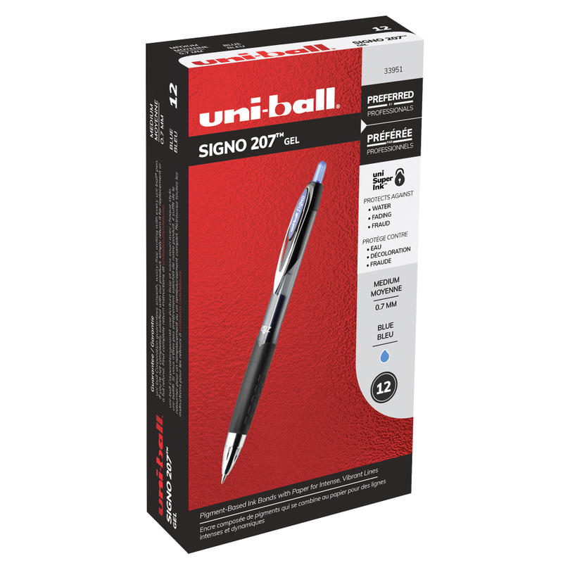 uni-ball 207 Retractable Fraud Prevention Gel Pens, Medium Point, 0.7 mm, Black Barrels, Blue Ink, Pack Of 12 (Min Order Qty 5) MPN:33951