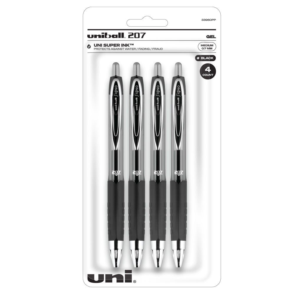 uni-ball Signo Gel 207 Retractable Gel Pens, Medium Point, 0.7 mm, Clear Barrel, Black Ink, Pack Of 4 Pens (Min Order Qty 14) MPN:33960