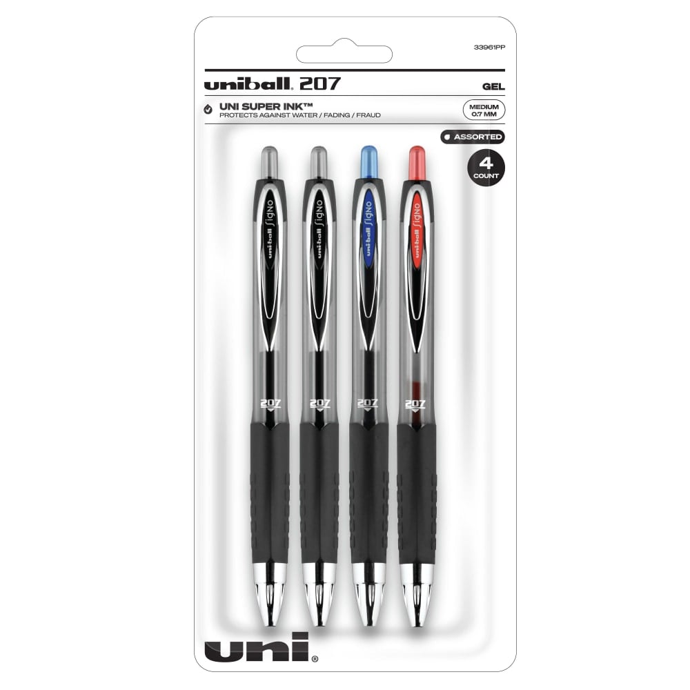 uni-ball 207 Retractable Fraud Prevention Gel Pens, Medium Point, 0.7 mm, Black Barrels, Assorted Ink Colors, Pack Of 4 Pens (Min Order Qty 14) MPN:33961