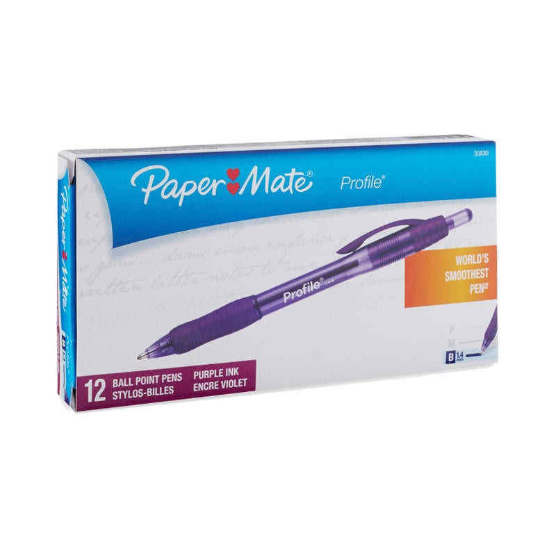 Paper Mate Profile Retractable Ballpoint Pens, Bold Point, 1.4 mm, Translucent Purple Barrel, Purple Ink, Pack Of 12 (Min Order Qty 6) MPN:35830