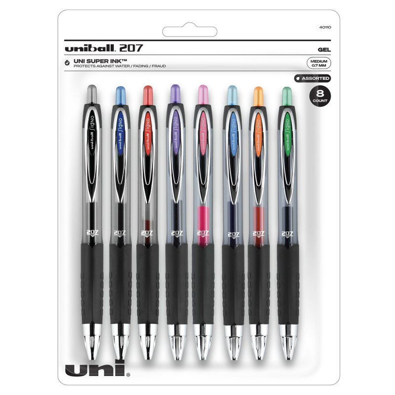 uni-ball 207 Retractable Fraud Prevention Gel Pens, Medium Point, 0.7 mm, Black Barrels, Assorted Ink Colors, Pack Of 8 (Min Order Qty 5) MPN:40110