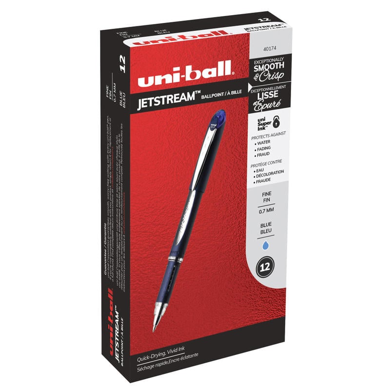 uni-ball Jetstream Ballpoint Pens, Fine Point, 0.7 mm, Blue Barrel, Blue Ink, Pack Of 12 (Min Order Qty 4) MPN:40174