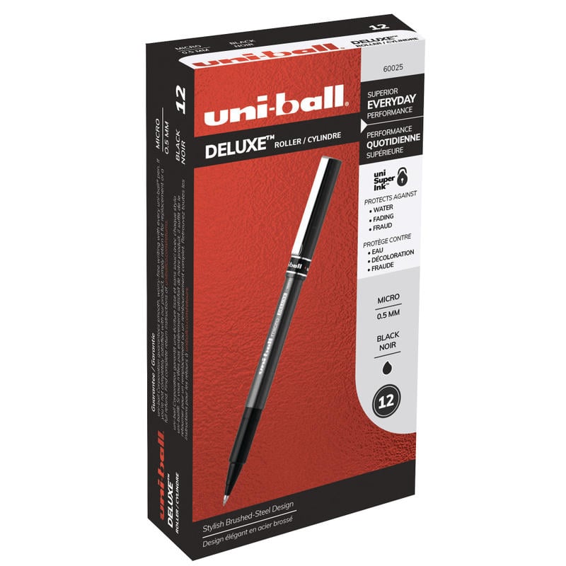 uni-ball Deluxe Rollerball Pens, Micro Point, 0.5 mm, Charcoal Barrel, Black Ink, Pack Of 12 (Min Order Qty 3) MPN:60025