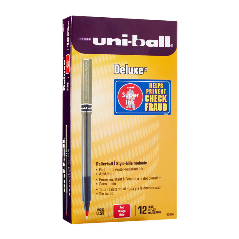 uni-ball Deluxe Rollerball Pens, Micro Point, 0.5 mm, Charcoal Barrel, Red Ink, Pack Of 12 (Min Order Qty 3) MPN:60026