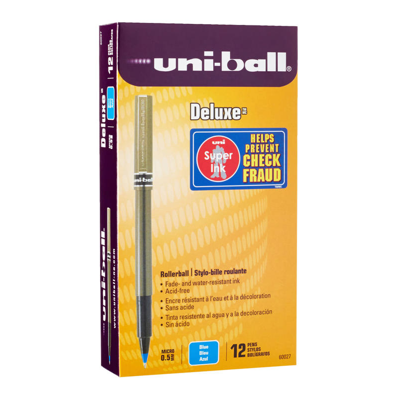 uni-ball Deluxe Rollerball Pens, Micro Point, 0.5 mm, Charcoal Barrel, Blue Ink, Pack Of 12 (Min Order Qty 3) MPN:60027