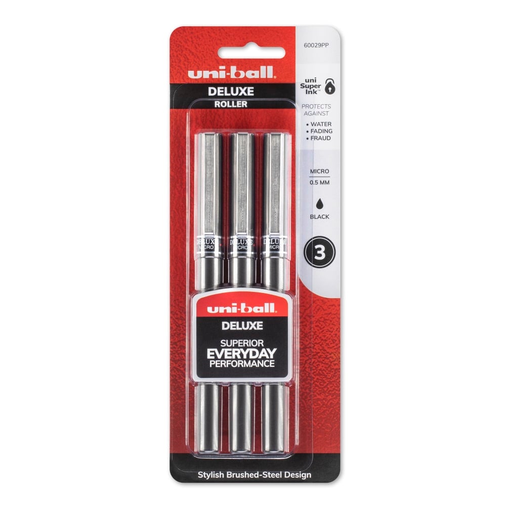 uni-ball Deluxe Rollerball Pens, Micro Point, 0.5 mm, Graphite Barrel, Black Ink, Pack Of 3 (Min Order Qty 10) MPN:60029