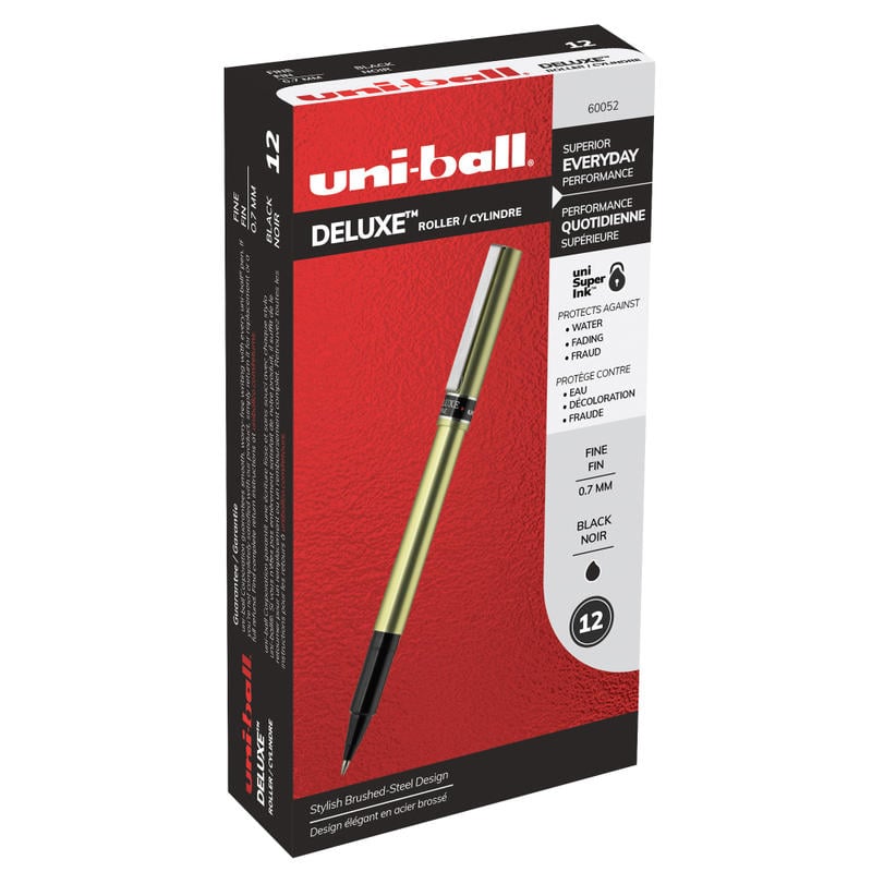 uni-ball Deluxe Rollerball Pens, Fine Point, 0.7 mm, Gold Barrel, Black Ink, Pack Of 12 (Min Order Qty 3) MPN:60052