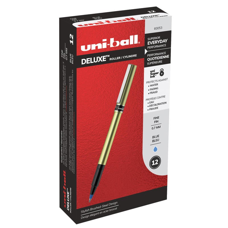 uni-ball Deluxe Rollerball Pens, Fine Point, 0.7 mm, Gold Barrel, Blue Ink, Pack Of 12 (Min Order Qty 3) MPN:60053