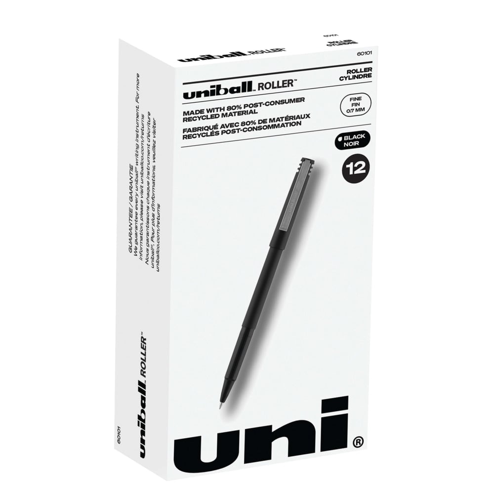 uni-ball Rollerball Pens, Fine Point, 0.7 mm, 80% Recycled, Black Barrel, Black Ink, Pack Of 12 Pens (Min Order Qty 6) MPN:60101