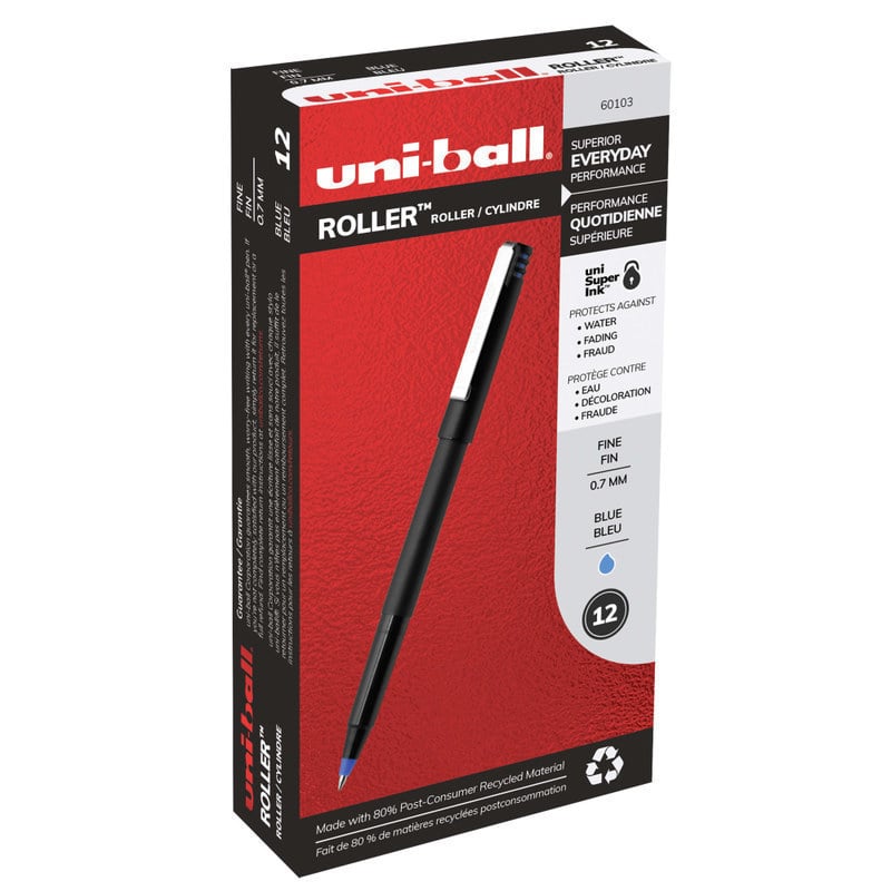 uni-ball Rollerball Pens, Fine Point, 0.7 mm, 80% Recycled, Black Barrel, Blue Ink, Pack Of 12 Pens (Min Order Qty 6) MPN:60103