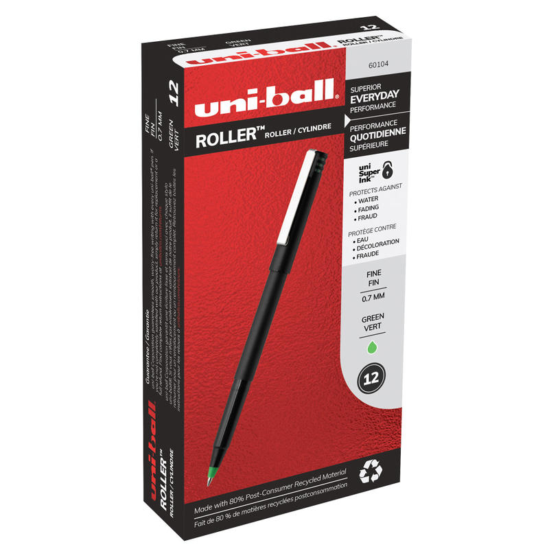 uni-ball Rollerball Pens, Fine Point, 0.7 mm, 80% Recycled, Black Barrel, Green Ink, Pack Of 12 Pens (Min Order Qty 6) MPN:60104