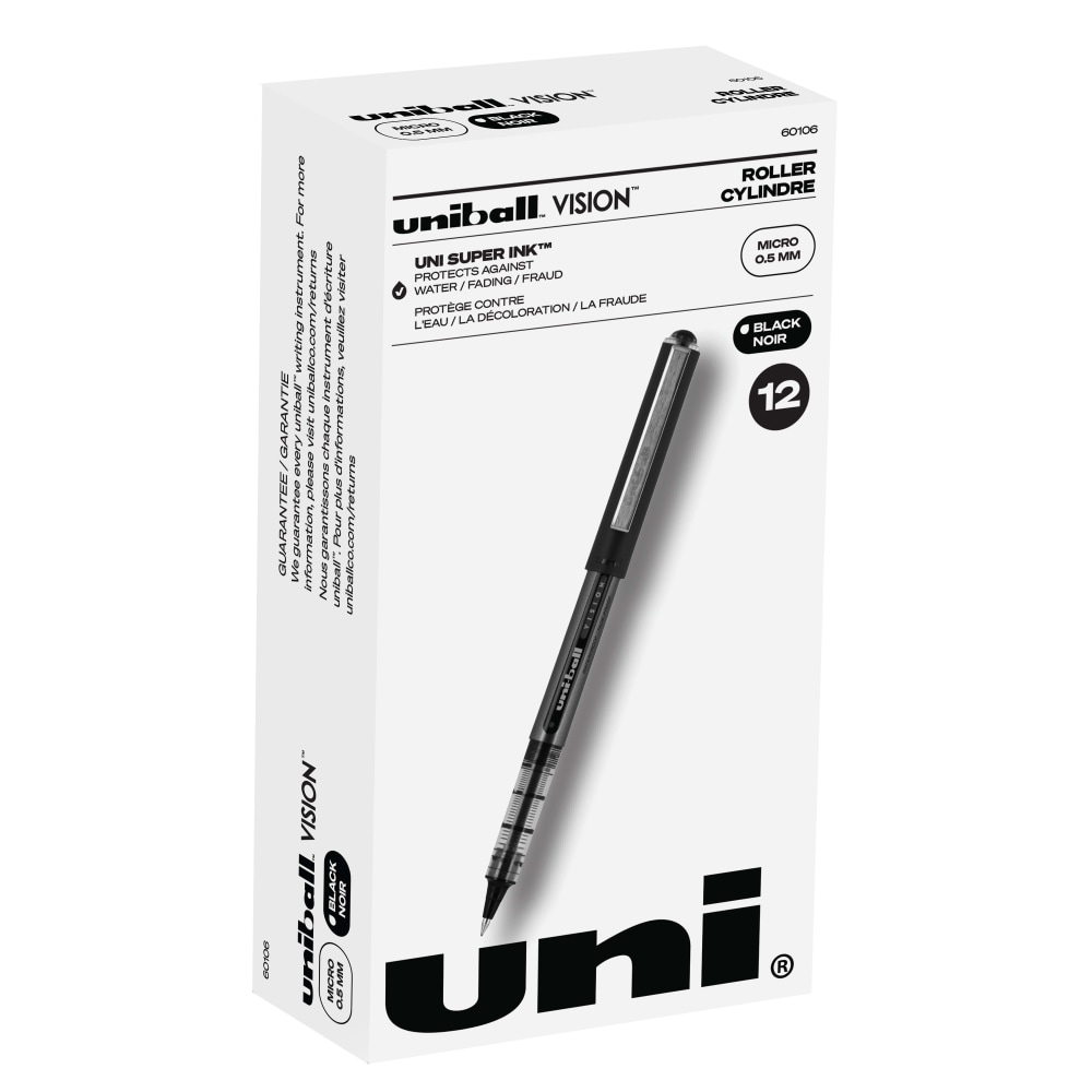 uni-ball Vision Rollerball Pens, Micro Point, 0.5 mm, Black Barrel, Black Ink, Pack Of 12 (Min Order Qty 3) MPN:60106