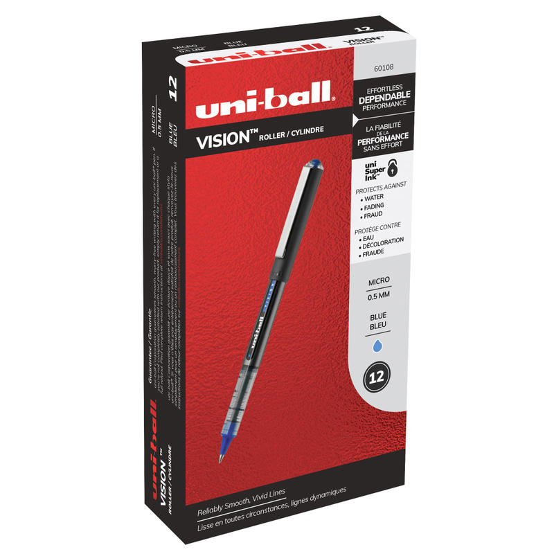 uni-ball Vision Rollerball Pens, Micro Point, 0.5 mm, Black Barrel, Blue Ink, Pack Of 12 (Min Order Qty 4) MPN:60108