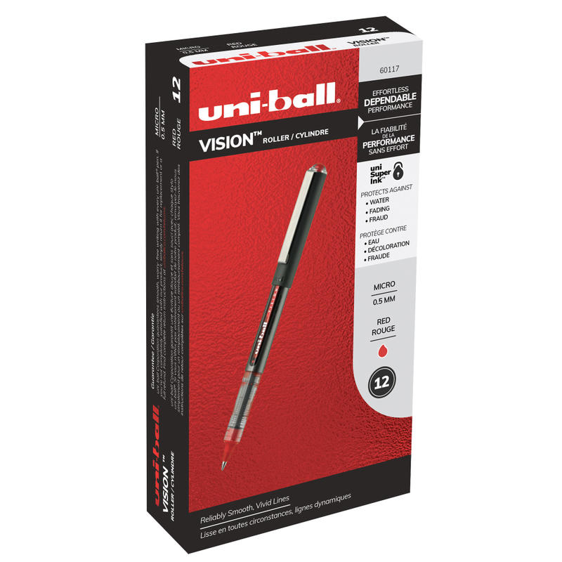 uni-ball Vision Rollerball Pens, Micro Point, 0.5 mm, Black Barrel, Red Ink, Pack Of 12 (Min Order Qty 3) MPN:60117