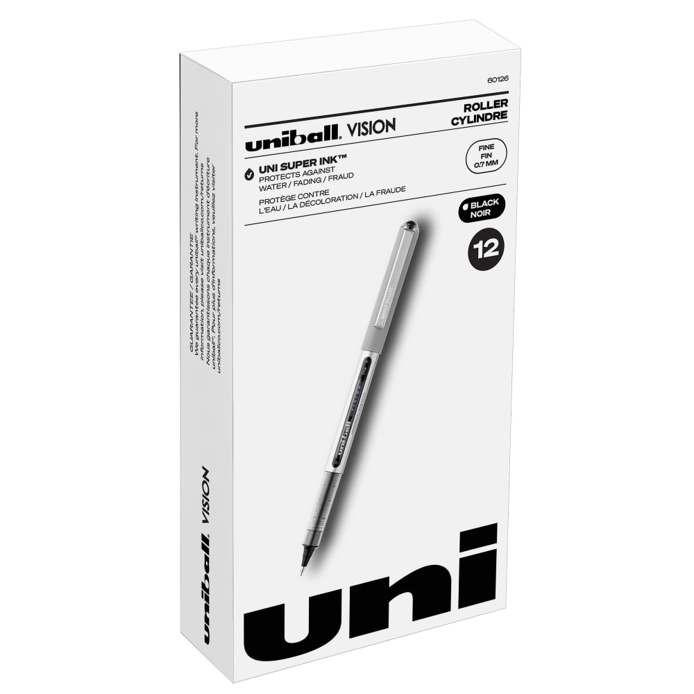 uni-ball Vision Rollerball Pens, Fine Point, 0.7 mm, Gray Barrel, Black Ink, Pack Of 12 (Min Order Qty 4) MPN:60126