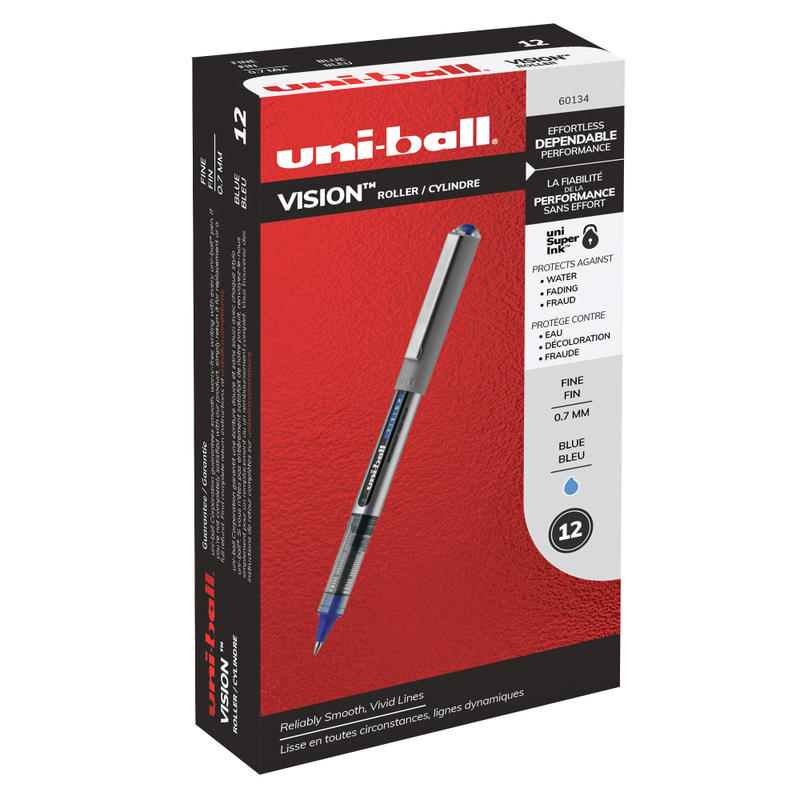 uni-ball Vision Rollerball Pens, Fine Point, 0.7 mm, Gray Barrel, Blue Ink, Pack Of 12 (Min Order Qty 4) MPN:60134