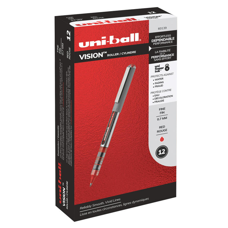 uni-ball Vision Rollerball Pens, Fine Point, 0.7 mm, Gray Barrel, Red Ink, Pack Of 12 (Min Order Qty 4) MPN:60139