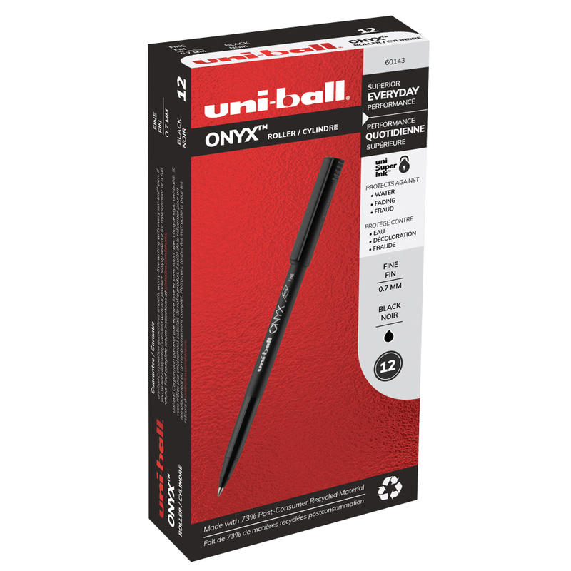 uni-ball Onyx Rollerball Pens, Fine Point, 0.7 mm, Black Barrel, Black Ink, Pack Of 12 (Min Order Qty 11) MPN:60143