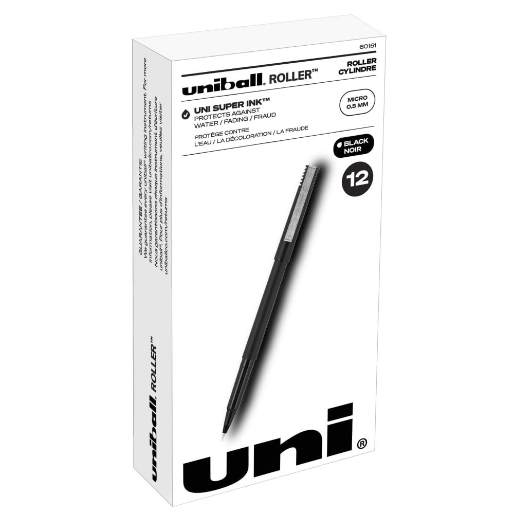 uni-ball Rollerball Pens, Micro Point, 0.5 mm, 80% Recycled, Black Barrel, Black Ink, Pack Of 12 Pens (Min Order Qty 6) MPN:60151