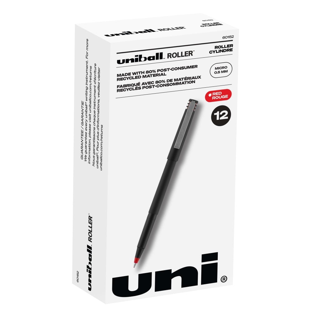 uni-ball Rollerball Pens, Micro Point, 0.5 mm, 80% Recycled, Black Barrel, Red Ink, Pack Of 12 Pens (Min Order Qty 5) MPN:60152