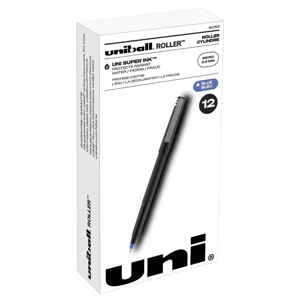 uni-ball Rollerball Pens, Micro Point, 0.5 mm, 80% Recycled, Black Barrel, Blue Ink, Pack Of 12 Pens (Min Order Qty 6) MPN:60153