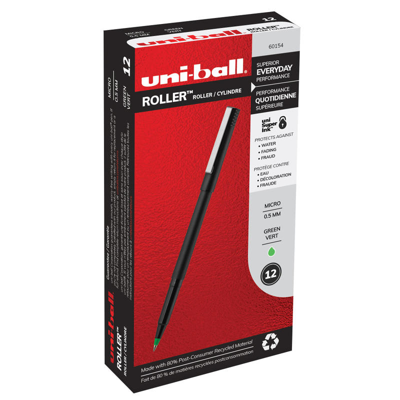 uni-ball Rollerball Pens, Micro Point, 0.5 mm, 80% Recycled, Black Barrel, Green Ink, Pack Of 12 Pens (Min Order Qty 5) MPN:60154