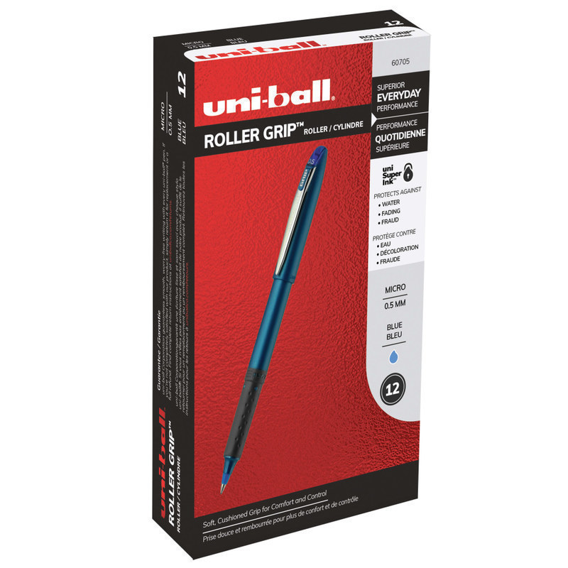 uni-ball Grip Rollerball Pens, Micro Point, 0.5 mm, Blue Barrel, Blue Ink, Pack Of 12 (Min Order Qty 3) MPN:60705