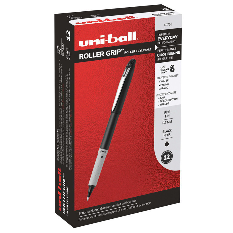 uni-ball Grip Rollerball Pens, Fine Point, 0.7 mm, Black Barrel, Black Ink, Pack Of 12 (Min Order Qty 4) MPN:60708