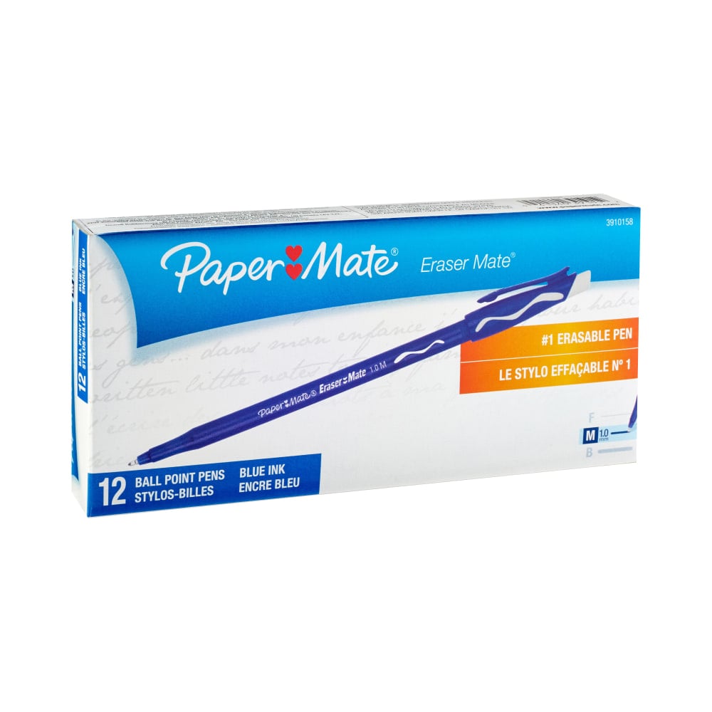 Paper Mate Erasermate Ballpoint Pens - Medium Pen Point Type - Blue - Blue Barrel - 1 Dozen (Min Order Qty 9) MPN:611-1191