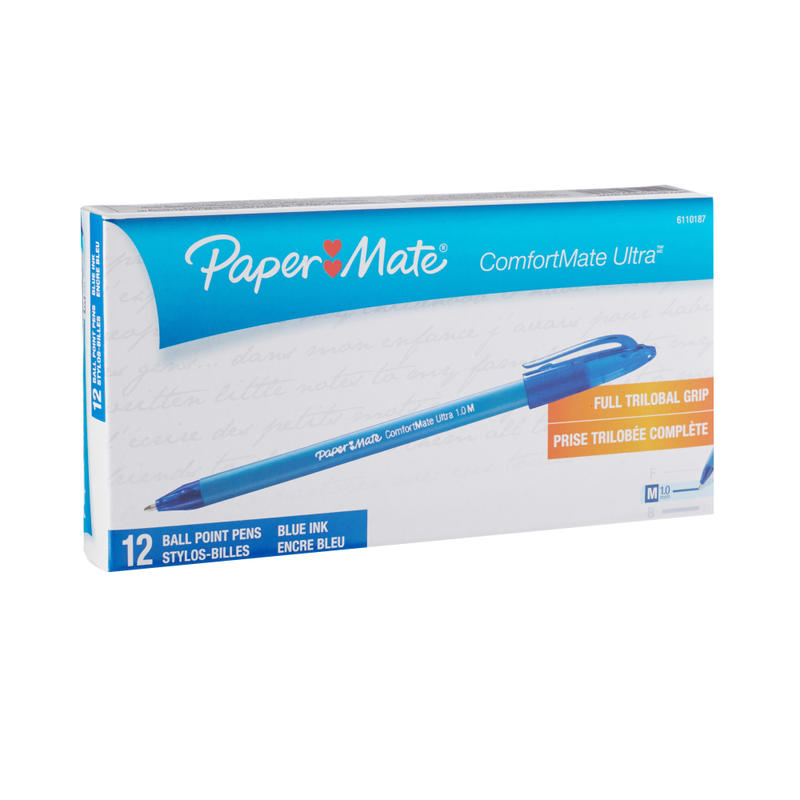 Paper Mate Comfortmate Ultra Ballpoint Stick Pens, Medium Point, 1.0 mm, Blue Barrel, Blue Ink, Pack Of 12 (Min Order Qty 9) MPN:61101