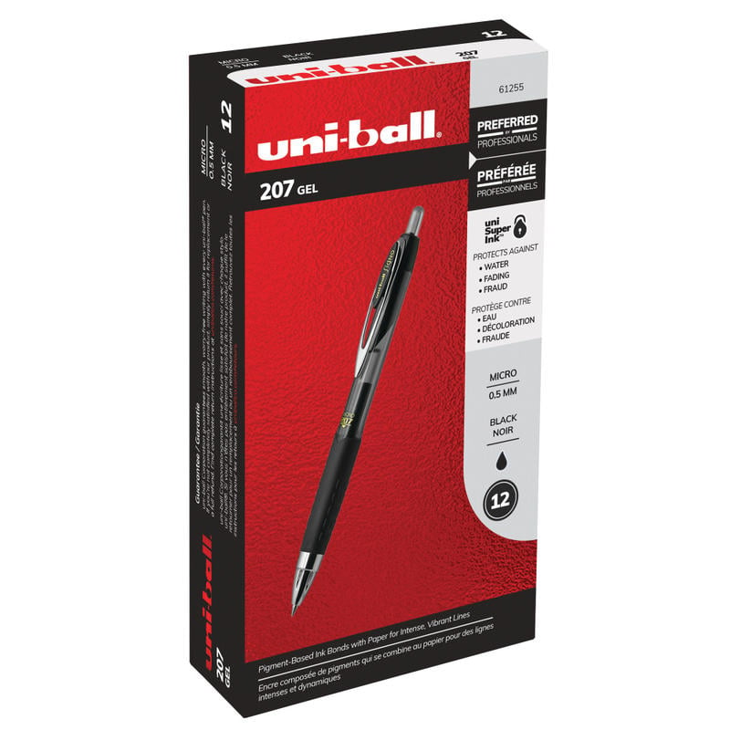 uni-ball 207 Retractable Fraud Prevention Gel Pens, Micro Point, 0.5 mm, Black Barrels, Black Ink, Pack Of 12 (Min Order Qty 5) MPN:61255