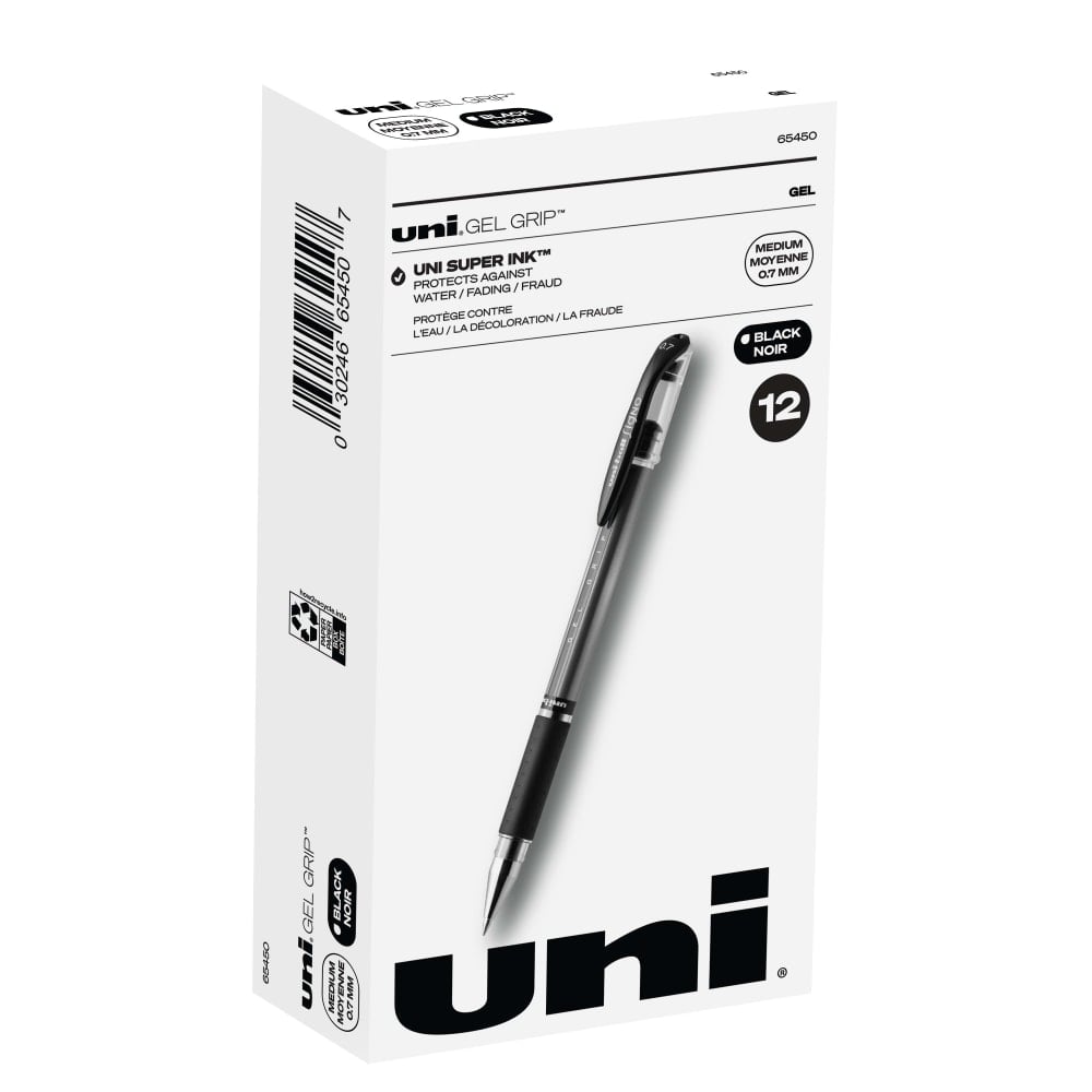 uni-ball Gel Grip Pens, Medium Point, 0.7 mm, Clear Barrel, Black Ink, Pack Of 12 (Min Order Qty 5) MPN:65450