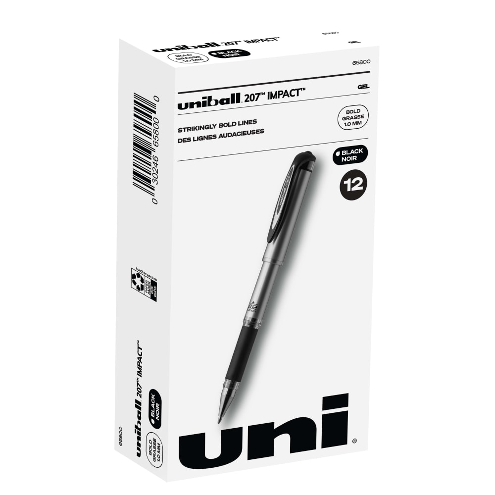 uni-ball 207 Impact Gel Pens, Bold Point, 1.0 mm, Black; Gray Barrel, Black Ink, Pack Of 12 (Min Order Qty 3) MPN:65800DZ