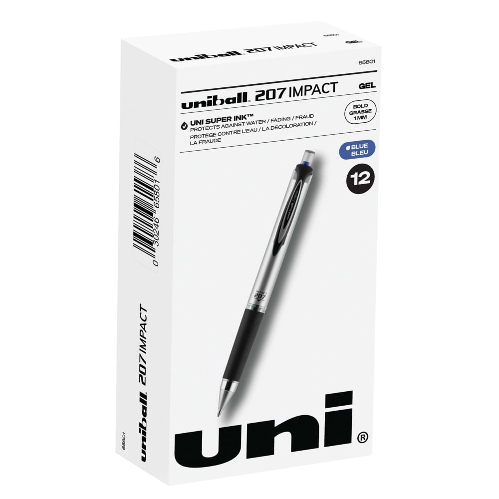 uni-ball 207 Impact Gel Pens, Bold Point, 1.0 mm, Blue; Gray Barrel, Blue Ink, Pack Of 12 (Min Order Qty 3) MPN:65801DZ