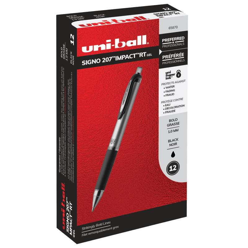 uni-ball RT Gel Pens, 207 Impact, Bold Point, 1.0 mm, Gray Barrel, Black Ink, Pack Of 12 (Min Order Qty 3) MPN:65870