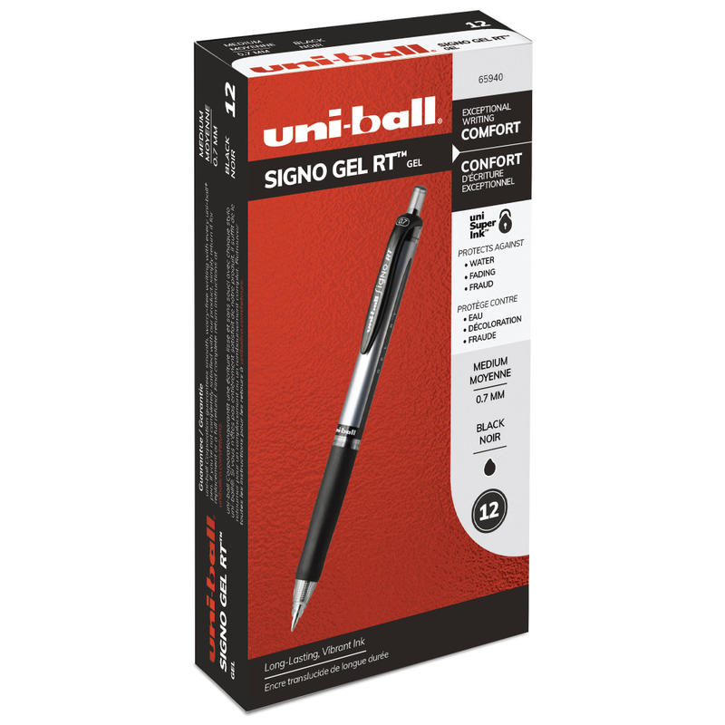 uni-ball Signo Gel RT Retractable Pens, Medium Point, 0.7 mm, Silver Barrel, Black Ink, Pack Of 12 Pens (Min Order Qty 5) MPN:65940