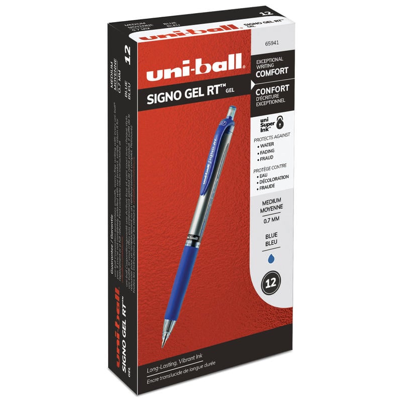 uni-ball Signo Gel RT Retractable Pens, Medium Point, 0.7 mm, Silver Barrel, Blue Ink, Pack Of 12 Pens (Min Order Qty 5) MPN:65941