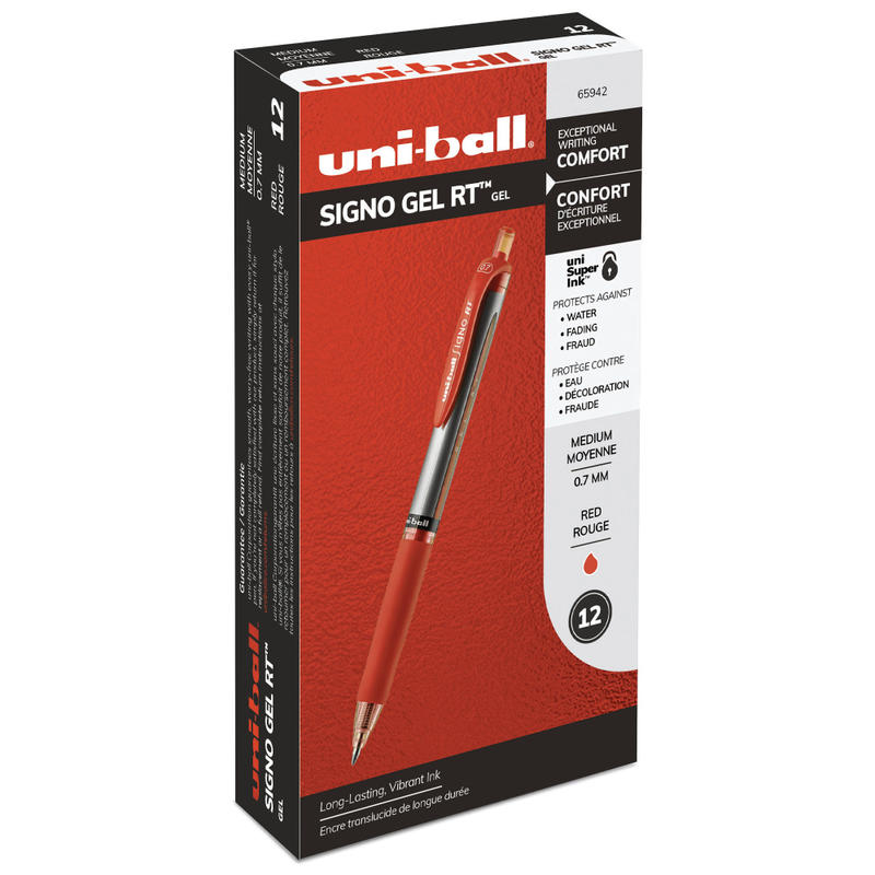 uni-ball Signo Gel RT Retractable Pens, Medium Point, 0.7 mm, Silver Barrel, Red Ink, Pack Of 12 Pens (Min Order Qty 4) MPN:65942