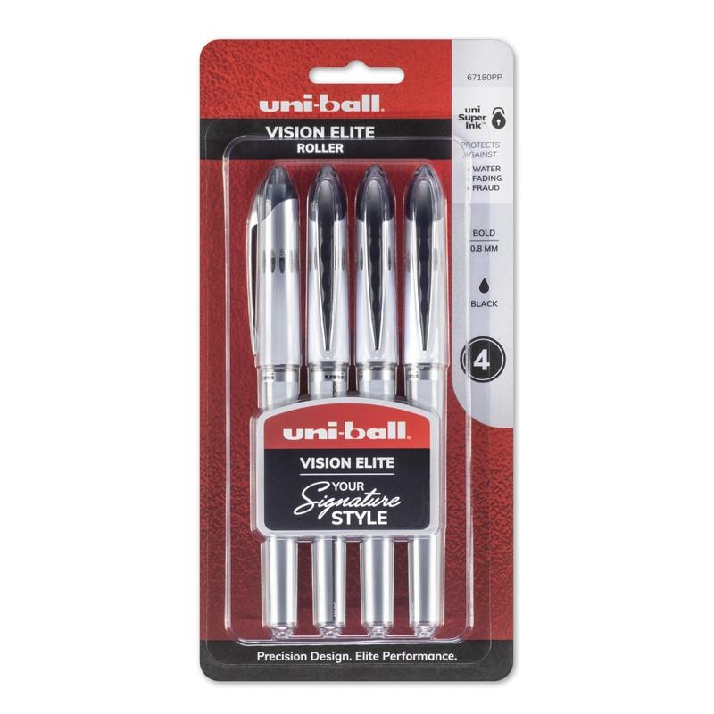 uni-ball Vision Elite Liquid Ink Rollerball Pens, Bold Point, 0.8 mm, White Barrel, Black Ink, Pack Of 4 (Min Order Qty 8) MPN:67180