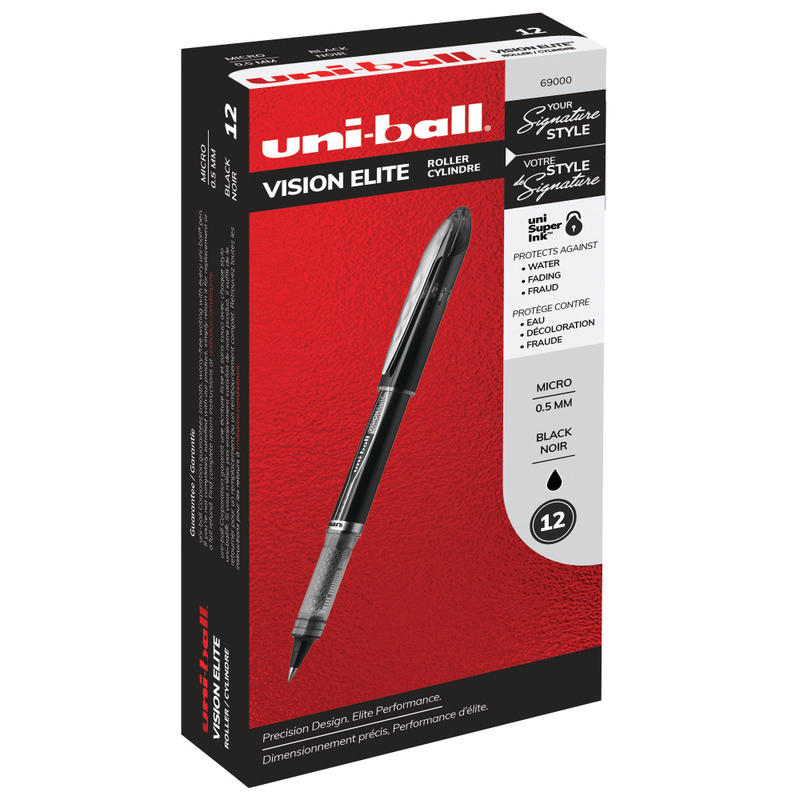 uni-ball Vision Elite Liquid Ink Rollerball Pens, Micro Point, 0.5 mm, Black Barrel, Black Ink, Pack Of 12 (Min Order Qty 3) MPN:69000DZ