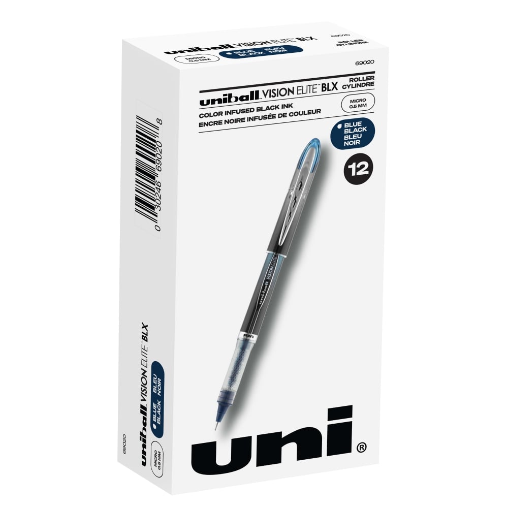 uni-ball Vision Elite BLX Infusion Liquid Ink Rollerball Pens, Micro Point, 0.5 mm, Black Barrel, Black/Blue Ink, Pack Of 12 (Min Order Qty 2) MPN:69020DZ