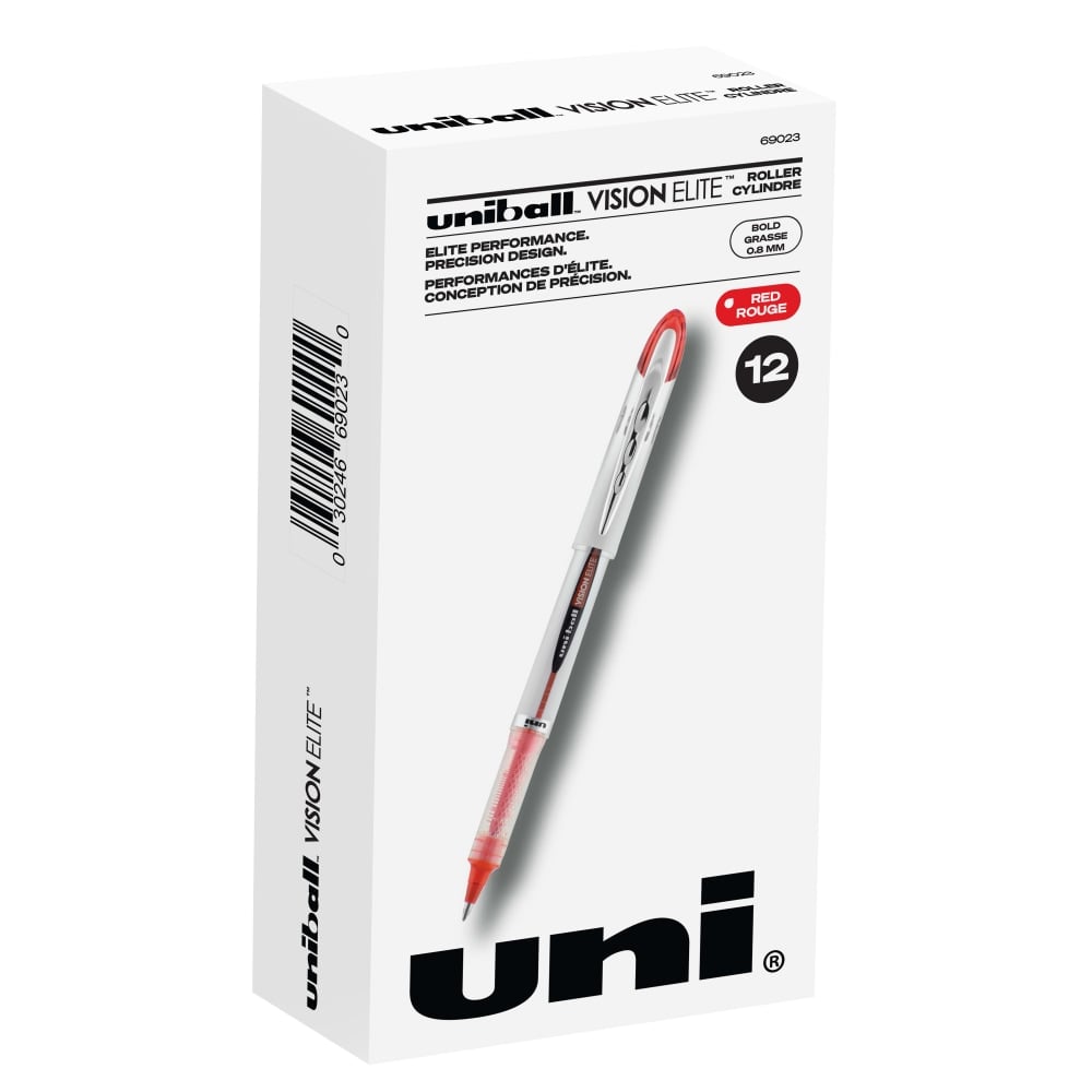 uni-ball Vision Elite Liquid Ink Rollerball Pens, Bold Point, 0.8 mm, White Barrel, Red Ink, Pack Of 12 (Min Order Qty 3) MPN:69023