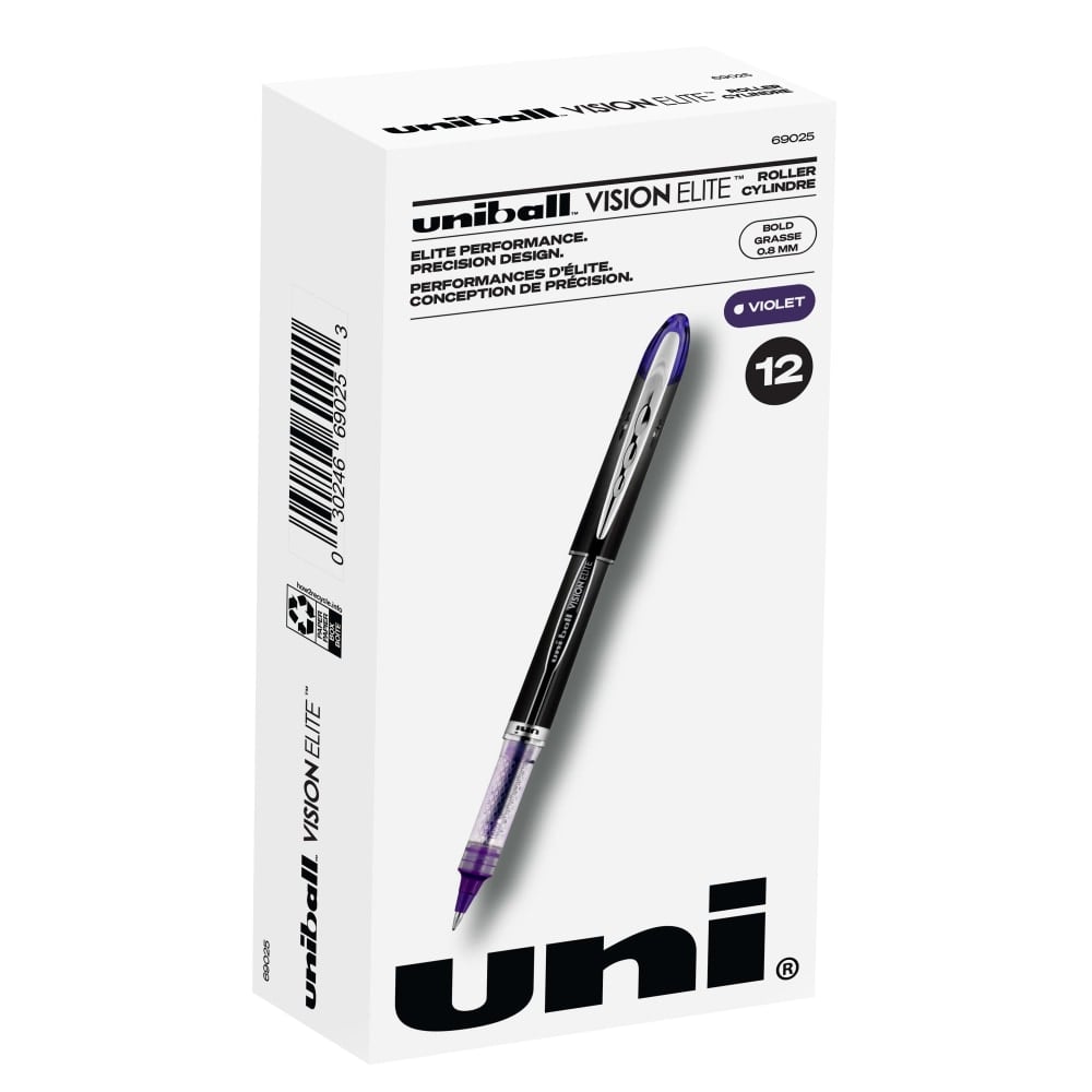 uni-ball Vision Elite Liquid Ink Rollerball Pens, Bold Point, 0.8 mm, White Barrel, Purple Ink, Pack Of 12 (Min Order Qty 3) MPN:69025